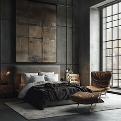 Elegant bedroom with concrete wall, large window, artwork, and comfortable bed creates a sophisticated and modern living space