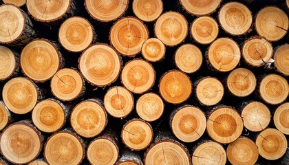 Close-up of stacked, cut logs, showcasing concentric rings and natural wood textures