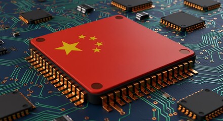 Computer chip with chinese flag design on circuit board technology concept