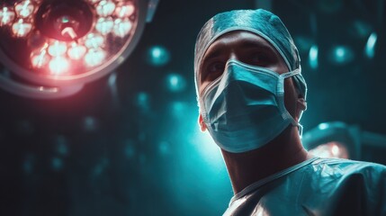 Surgical Professional in Operating Room with Surgical Lights and Protective Gear Under Bright Overhead Illumination