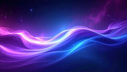 Abstract Wavy Lines Background with Glowing Particles in Blue and Purple Hues