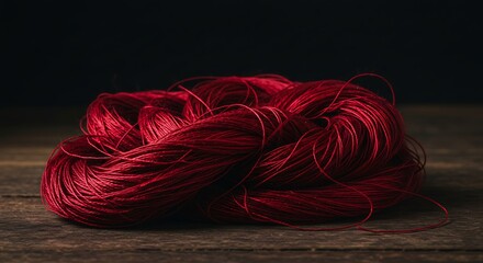 Vibrant red yarn on wooden surface against dark backdrop