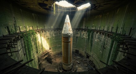Colossal abandoned underground missile silo with a towering rocket, overgrown with green vines and illuminated by light rays.