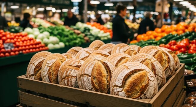 Freshly baked artisan bread loaves in a rustic wooden crate at a vibrant market
