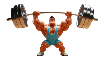 Muscular cartoon man lifting heavy barbell weightlifting