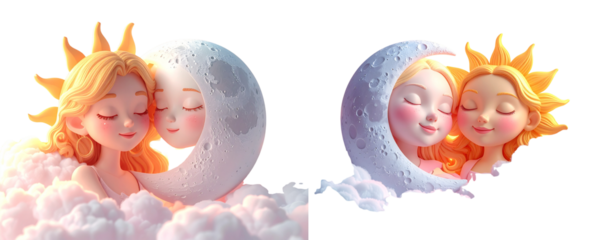 set of Sleepy Moon and Sun Character Sharing Clouds