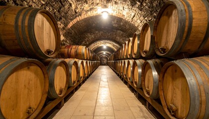 An atmospheric, low-angle view down a wine cellar hallway. Rows of oak barrels line the stone-walled passage