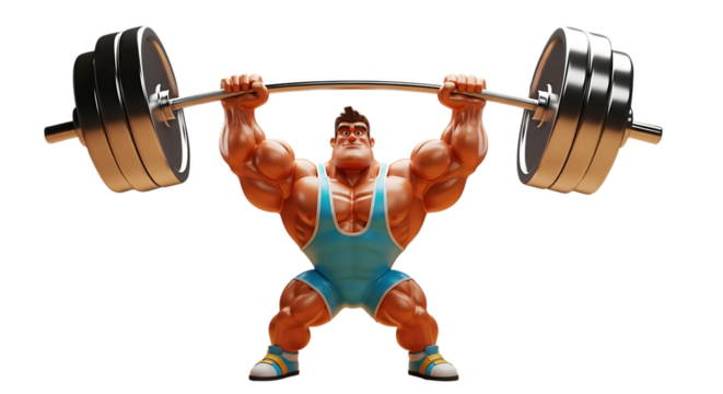 Muscular cartoon man lifting heavy barbell weightlifting