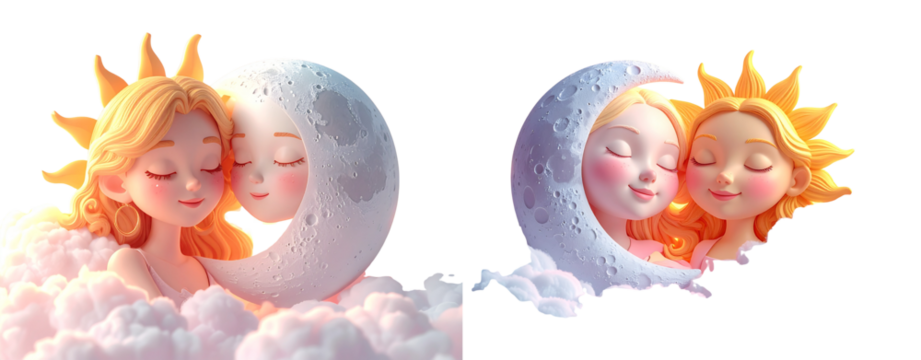 set of Sleepy Moon and Sun Character Sharing Clouds