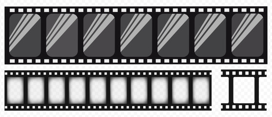 Vintage filmstrip roll frame, vector photo background, old grunge movie film long strip, video or movie filmstrip overlay, transparent film frame, cinema, photograph camera film strip