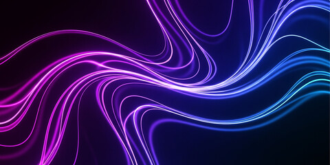 Abstract neon light trails in blue and purple hues create a dynamic and modern background for technology and design projects
