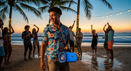 Vibrant beach party with friends dancing and enjoying music under string lights at sunset, with a man holding a glowing portable speaker.