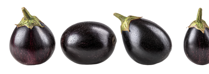 Four dark purple eggplants in a row