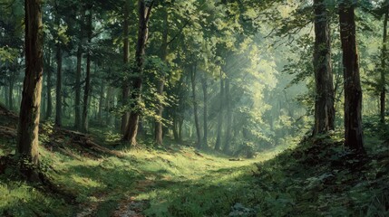 Obraz premium Sun-dappled forest path winding through lush greenery, sunlight filtering through dense canopy