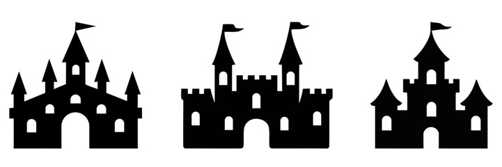 Collection of black castle silhouettes with flags