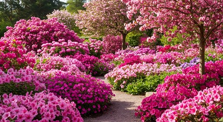 Vibrant spring garden scene with blooming pink flowers and lush greenery