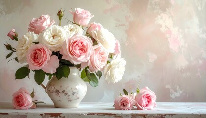 Obraz premium A still life of pink and white roses in a decorative vase against a pastel backdrop