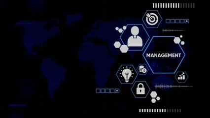 Digital concept of management with icons and world map on dark background business strategy