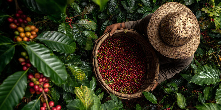 Man harvesting coffee cherries with basket in lush tropical farm  