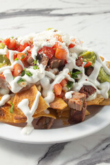 A view of a plate of carne asada nachos.