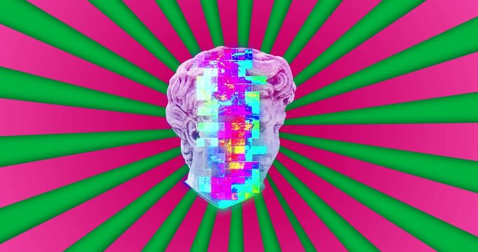 Animation of head sculpture moving over pink stripes on black background