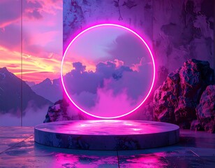 Abstract pedestal with vibrant pink neon circle