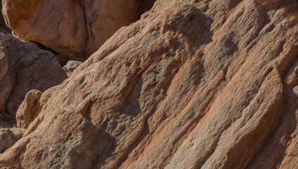 Close-up of layered, textured reddish rock face with shadows
