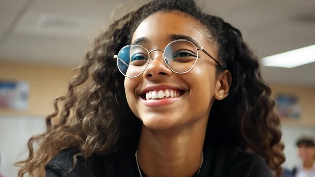 Radiant Student: A young student, with a cascade of curly hair and a bright smile, beams with confidence, her round eyeglasses enhancing her studious allure.