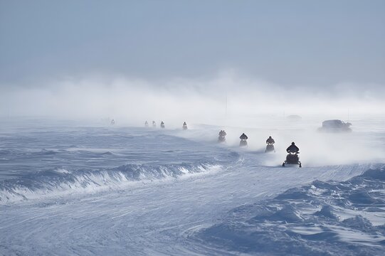 Snowmobile Race in Frozen Tundra for Winter Sports Enthusiasts, Extreme Outdoor Adventures, and Racing Events