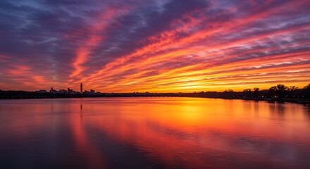 Vibrant sunset over calm water with dramatic cloud formations and reflections