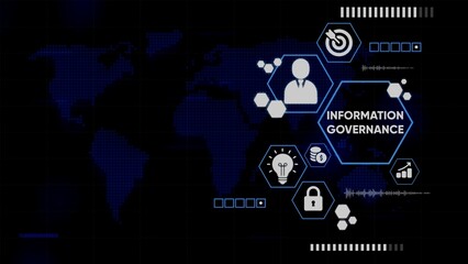 Digital Information Governance Concept with World Map and Icons data management technology