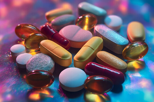 Colorful assortment of various pills and supplements on a reflective surface.