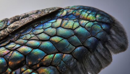Close-up of iridescent scales resembling a segmented, textured surface