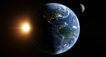 Earth illuminated by sun and moon against a dark space background