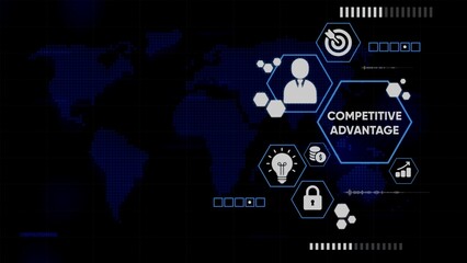 Digital World Map with Competitive Advantage Icons and Futuristic Network Graphics business strategy