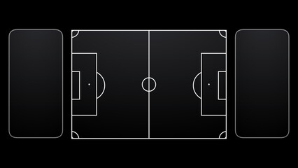 Dark minimalist glassmorphism football field and line up information dashboard for digital sports experience concept