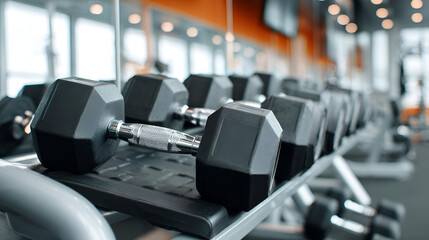 Fototapeta premium Close-up of dumbbells arranged on a rack in a modern gym, perfect for fitness enthusiasts.