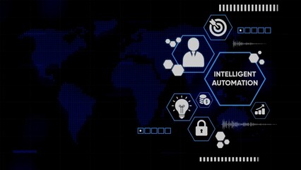 Digital World Map with Hexagonal Icons Representing Intelligent Automation and Business Concepts technology