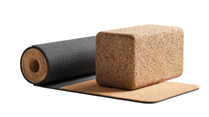 Rolled and stacked compressed peat moss blocks isolated on transparent background