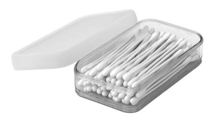 Cotton swabs in a clear plastic container with lid open isolated on transparent background