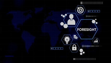 Fototapeta premium Futuristic digital infographic with foresight concept and business icons on a dark world map technology