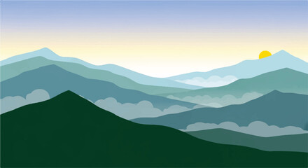 Serene misty mountain valley landscape with rolling hills and sunny sky in shades of green, blue, and yellow.