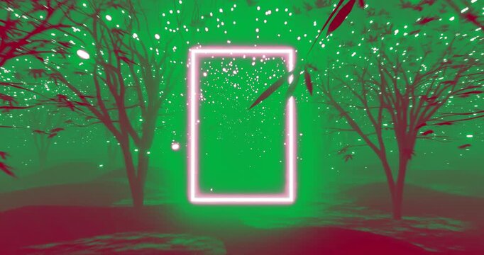 Animation of glowing frame, snow falling and trees over transparent background