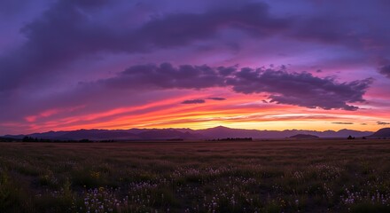 Vibrant sunset over rural landscape with colorful sky and silhouettes