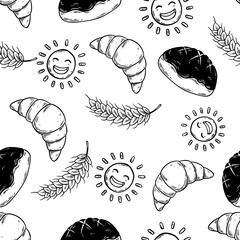 seamless pattern with doodle bread and sweet dessert on a clean white background. Perfect for bakery theme, pastry design, food decoration, confectionery art, and cute background concept.