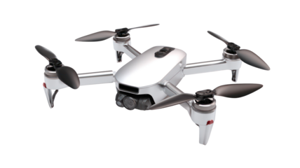 White mini drone with four propellers isolated on transparent background