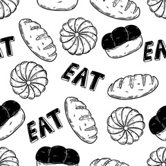 seamless pattern with doodle bread and sweet dessert on a clean white background. Perfect for bakery theme, pastry design, food decoration, confectionery art, and cute background concept.