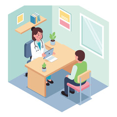Isometric illustration of a doctor consulting with a patient in a doctor's office setting