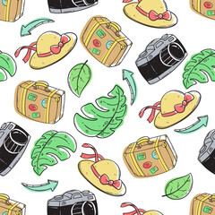doodle seamless pattern featuring summer elements on a clean white background. Perfect for seasonal design, tropical artwork, holiday theme, beach decoration, fun pattern.