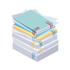 Isometric view of a stack of colorful papers held together by colorful paper clips on a white background
